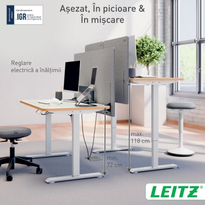 Birou ergonomic Leitz Ergo, electric, 120x70 cm, ajustabil, certificare FSC, alb